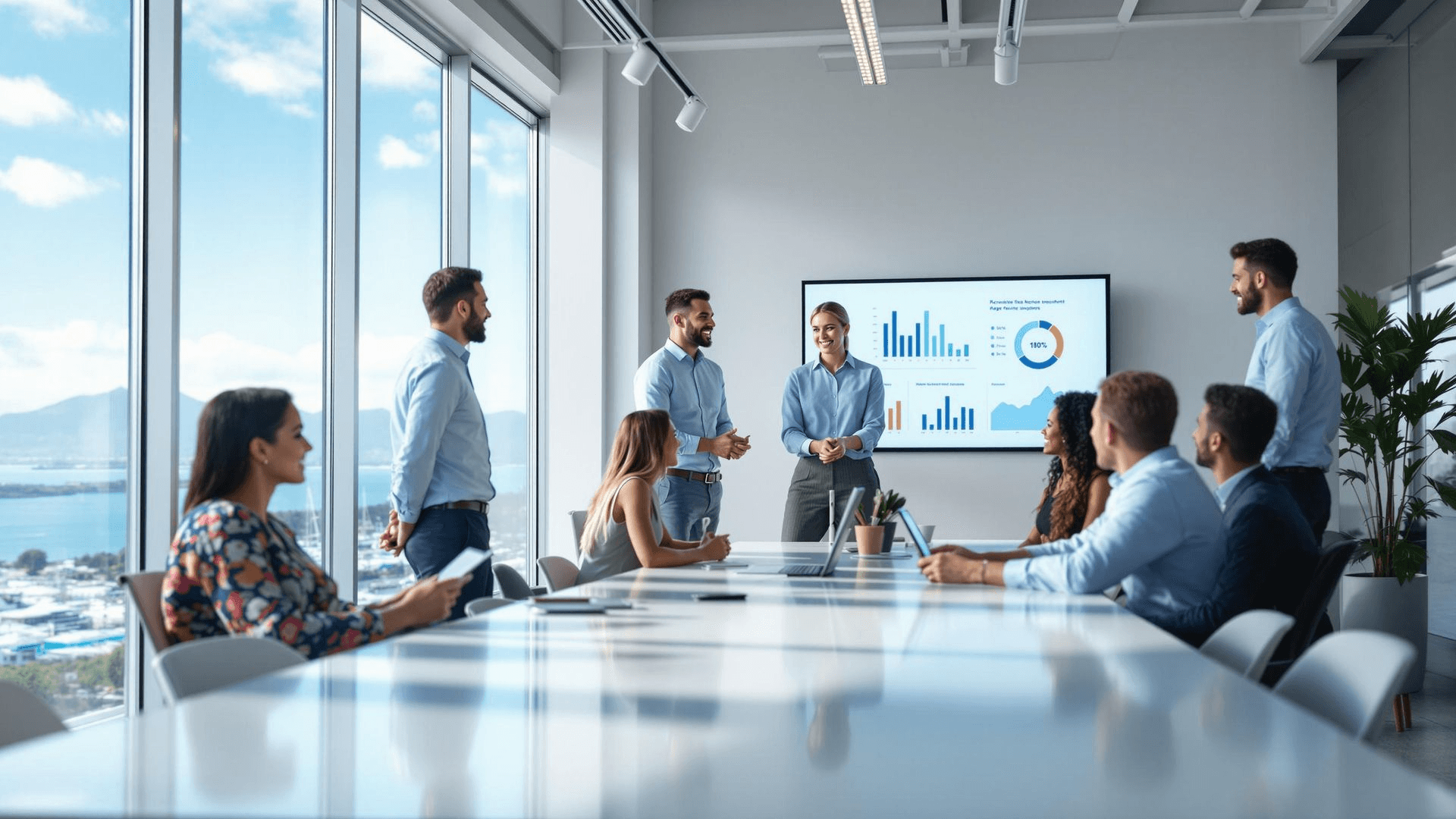 One 21 - 2 A group of professionals in an office talking about One21 Recruitment