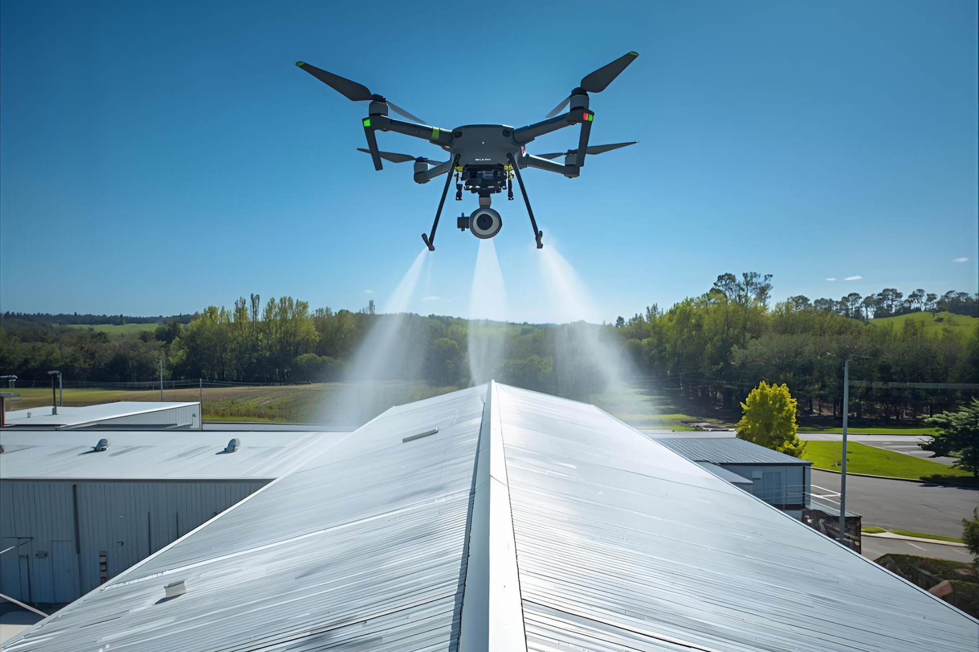 Drone spraying a commercial building roof, by the Tidy Kiwi