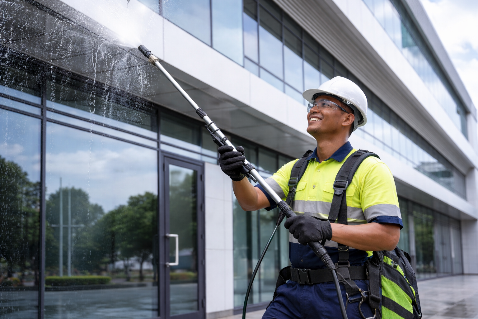 The Tidy Kiwi worker, performing a commercial building wash, a service designed for property managers